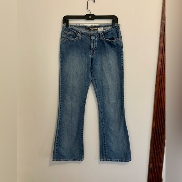 Y2K VTG Paris Blues Low Rise Jean Flare Fray No Waistband Light Medium Wash 2000 - Picture 4 of 15